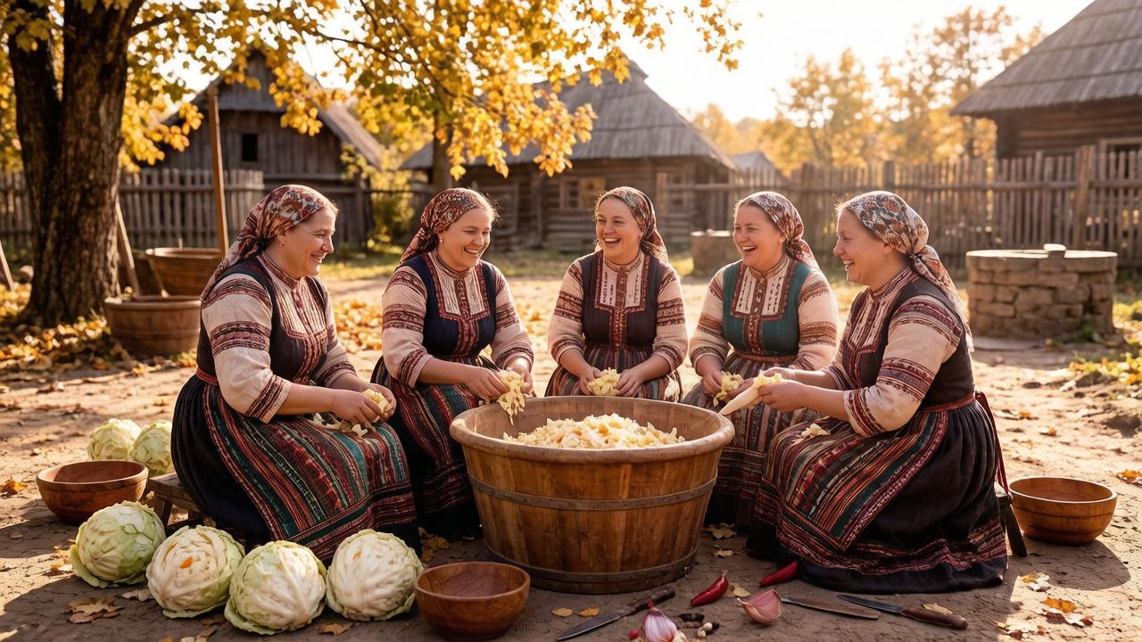 Хозяйки шинкуют капусту на Птичью костку в русской деревне.